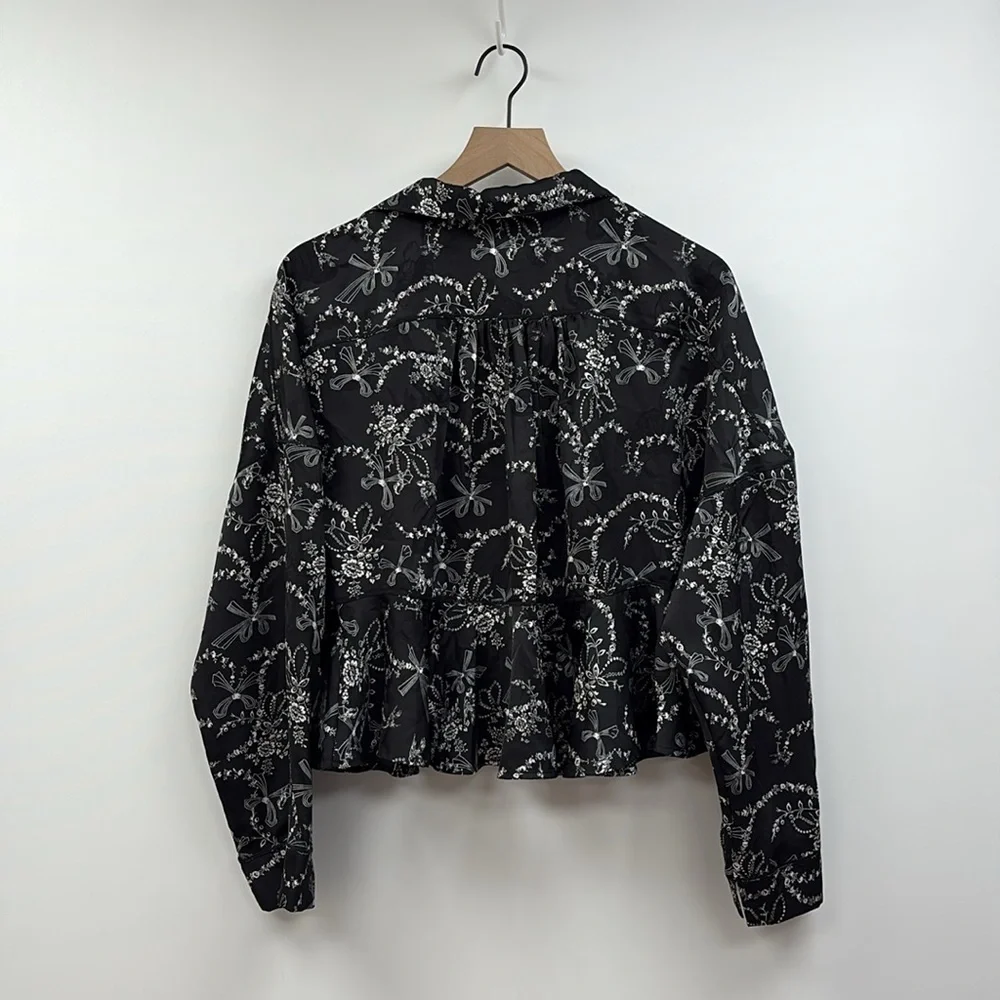 Intimately Free People Floral Bow Print V-Neck Button Down Boxy Shirt Black XL